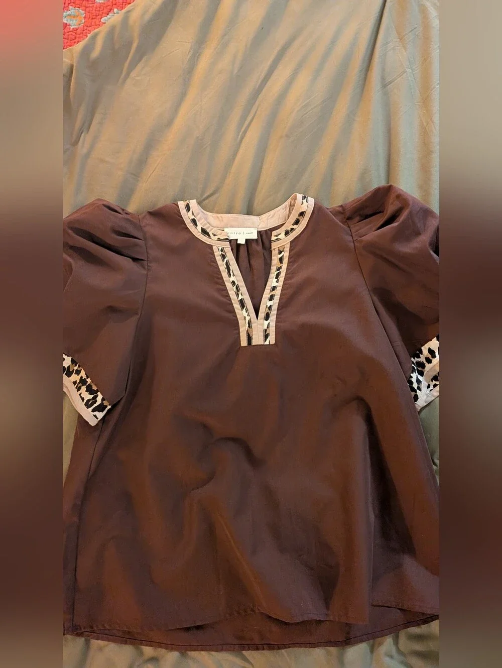 Anthropologie , Entro Brown Puff-Sleeve Top with Animal-Print Trim